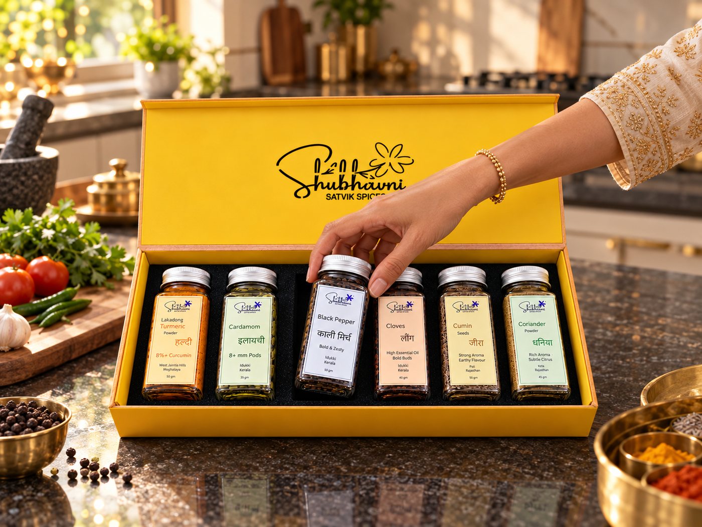Taking a jar of kali mirch from the Shubhavni Satvik Spices box in a home kitchen