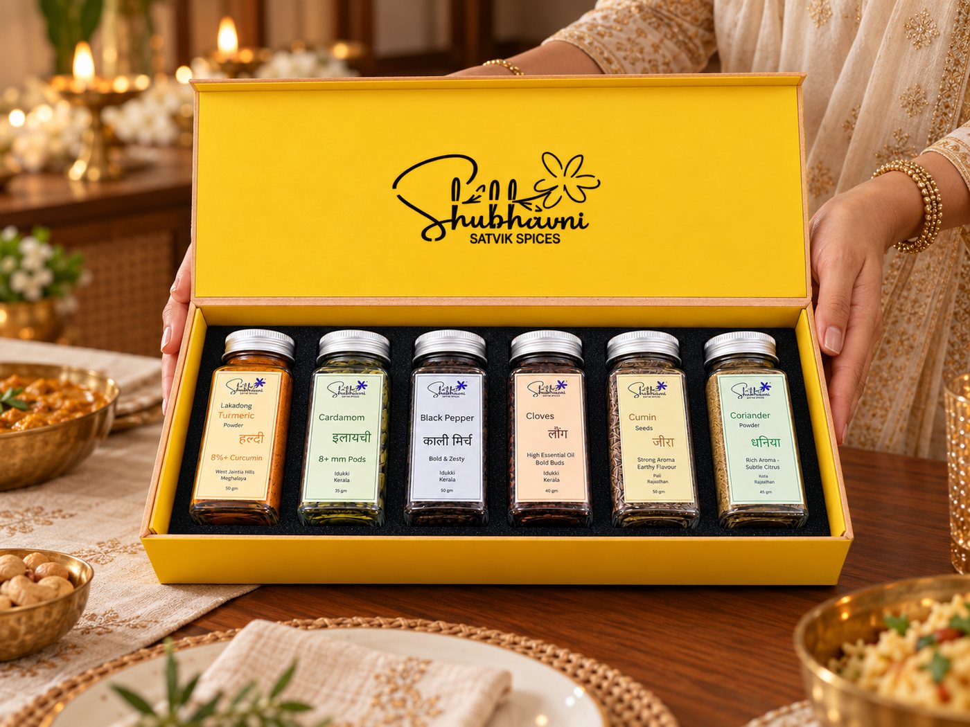 Shubhavni Satvik Spices box being presented at a festive dining table