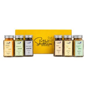 Shubhavni Satvik Spices box closed, with its six glass jars of Lakadong haldi, elaichi, kali mirch, laung, jeera and dhaniya