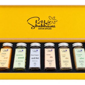Shubhavni Satvik Spices box open, with six glass jars of Lakadong haldi, elaichi, kali mirch, laung, jeera and dhaniya