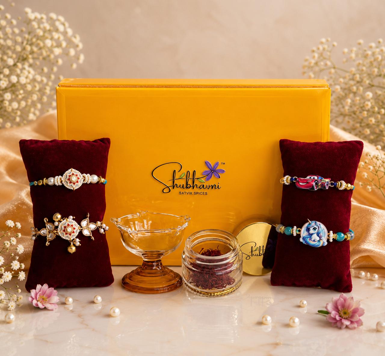 Shubhavni Rakhi Special Gift Box - Four Rakhi, Kesar & Diya
