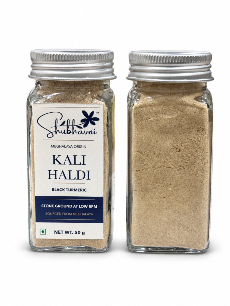 Shubhavni Kali Haldi from Meghalaya in a 50 g glass jar