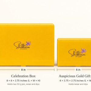Celebration Box (8 x 6 x 2.75 inches) and Auspicious Gold Gift Box (6 x 3.75 x 2.75 inches) side by side, showing the size difference