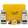 Shubhavni Celebration Box with Lakadong haldi, Kali haldi, kesar and a glass diya