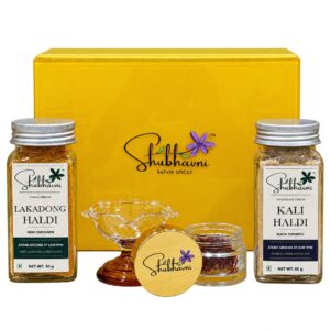 Shubhavni Celebration Box with Lakadong haldi, Kali haldi, kesar and a glass diya