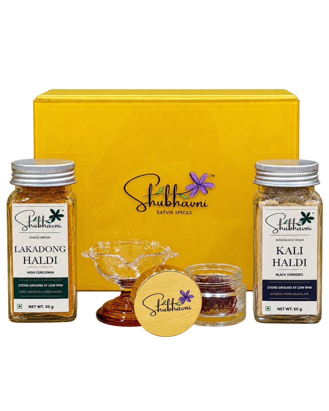 Shubhavni Celebration Box with Lakadong haldi, Kali haldi, kesar and a glass diya