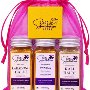 Shubhavni Celebration Trio potli with Lakadong haldi, Swarna, Kali haldi and kesar