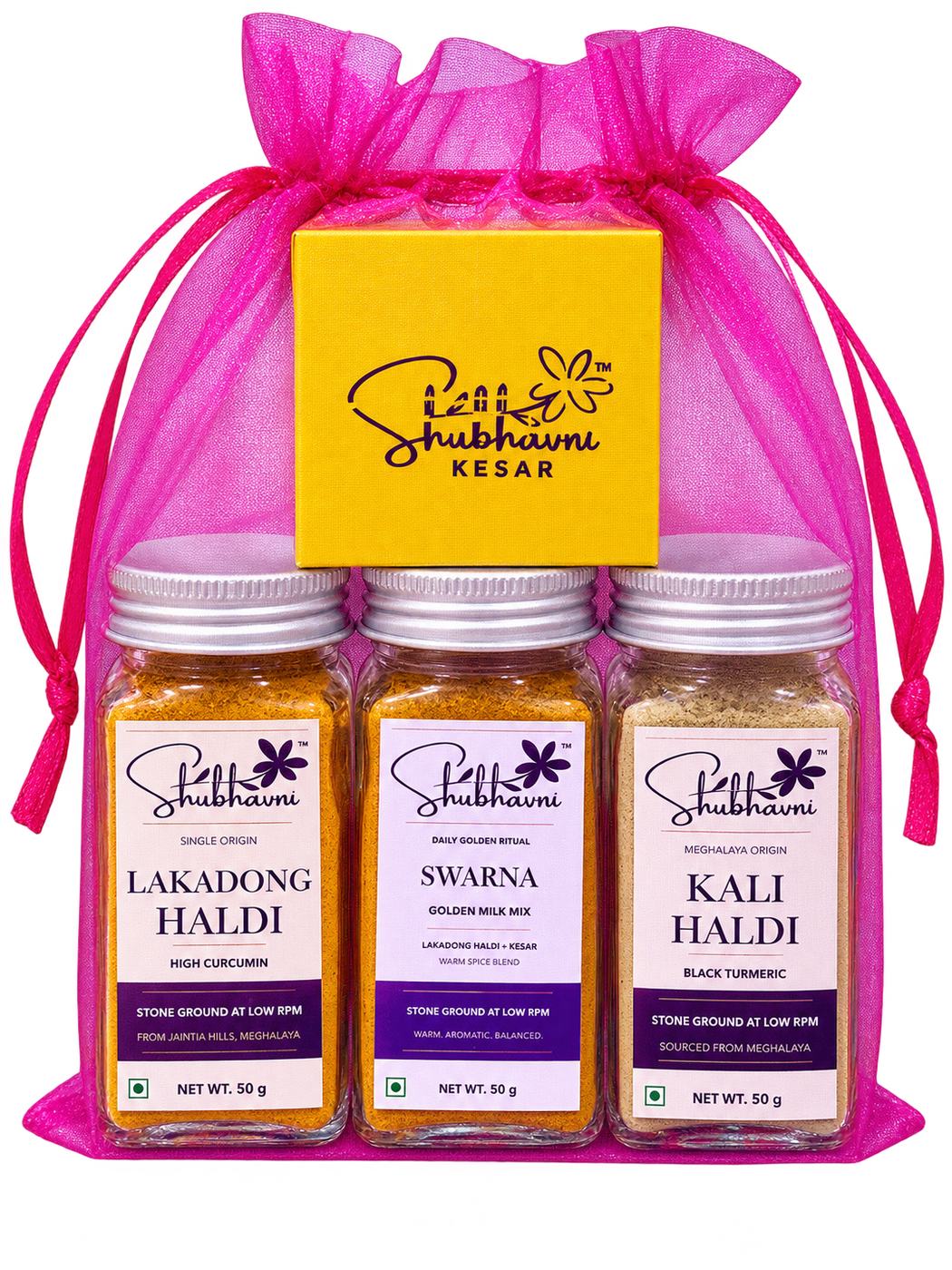 Shubhavni Celebration Trio potli with Lakadong haldi, Swarna, Kali haldi and kesar