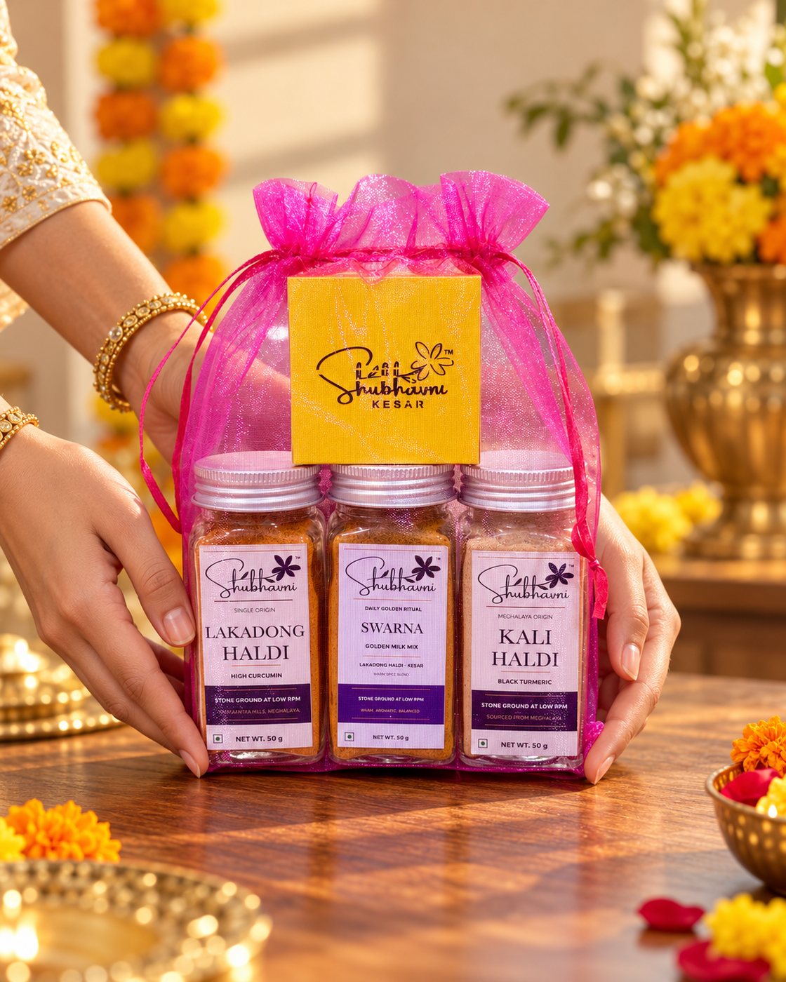 Shubhavni Celebration Trio potli with kesar, set out as a Diwali gift