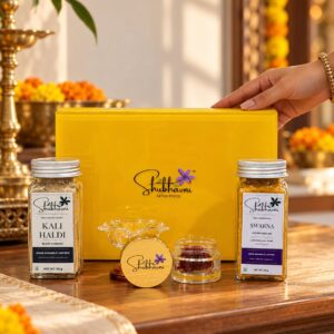 Shubhavni Celebration Box with Kali haldi, Swarna, kesar and a glass diya, set out for Diwali