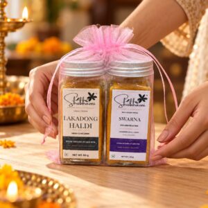 Shubhavni Celebration Duo potli with Lakadong haldi and Swarna, set out as a Diwali gift
