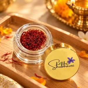 Open jar of Shubhavni kesar on a festive table