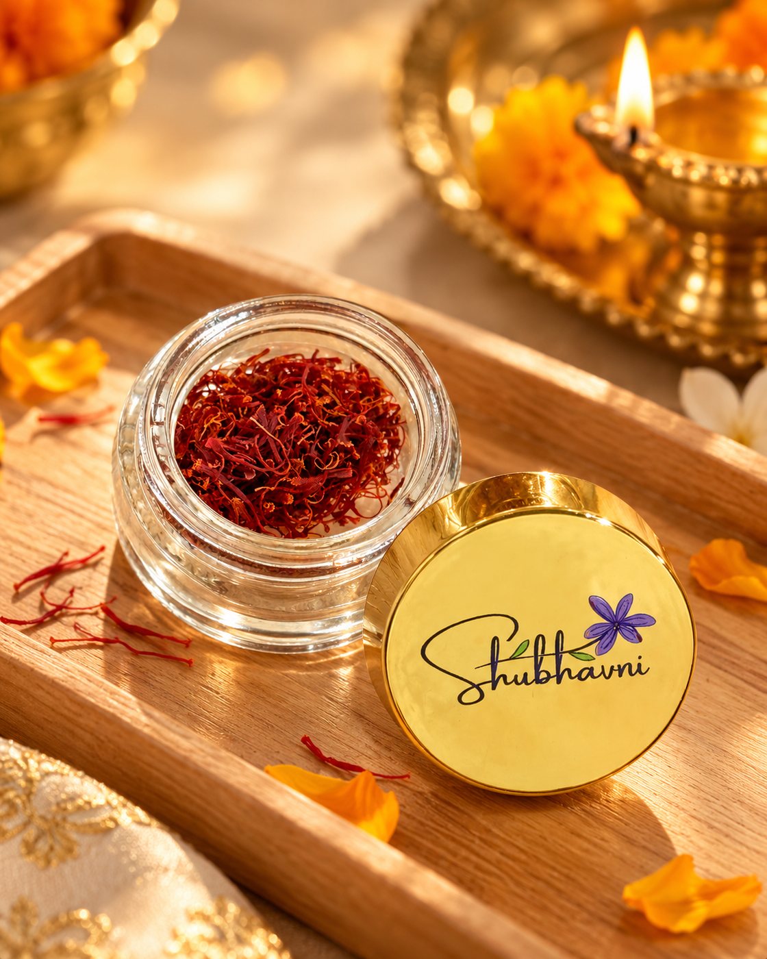 Open jar of Shubhavni kesar on a festive table